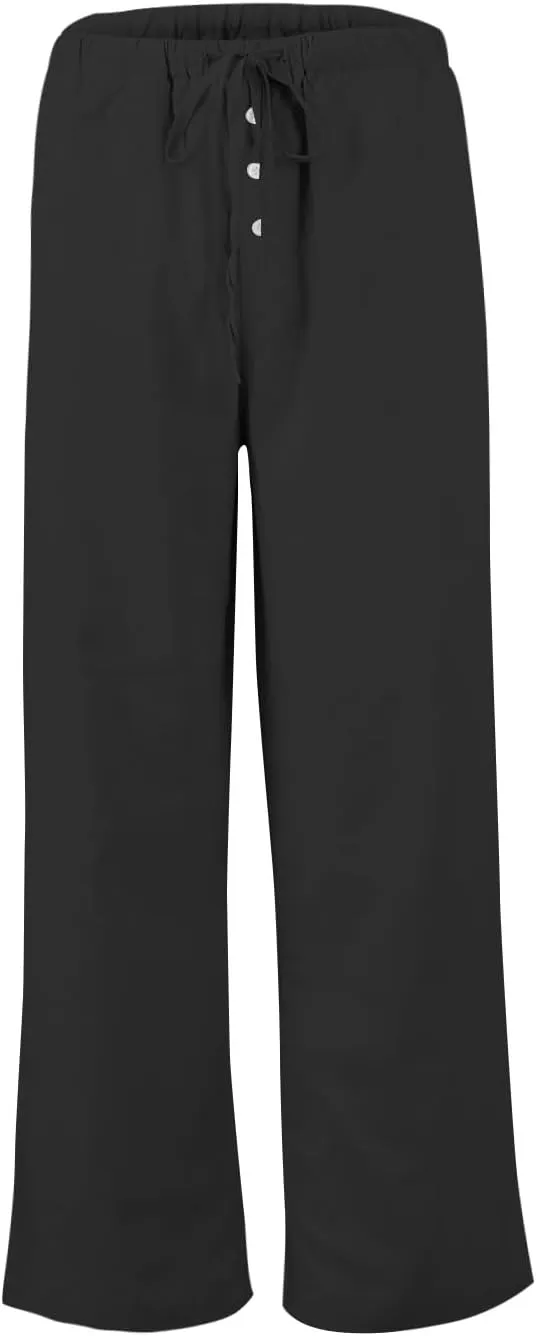 Womens Linen Pants Straight Leg Button Up High Waisted Beach Pants Comfy Drawstring Summer Solid Trouser Loose Pockets
