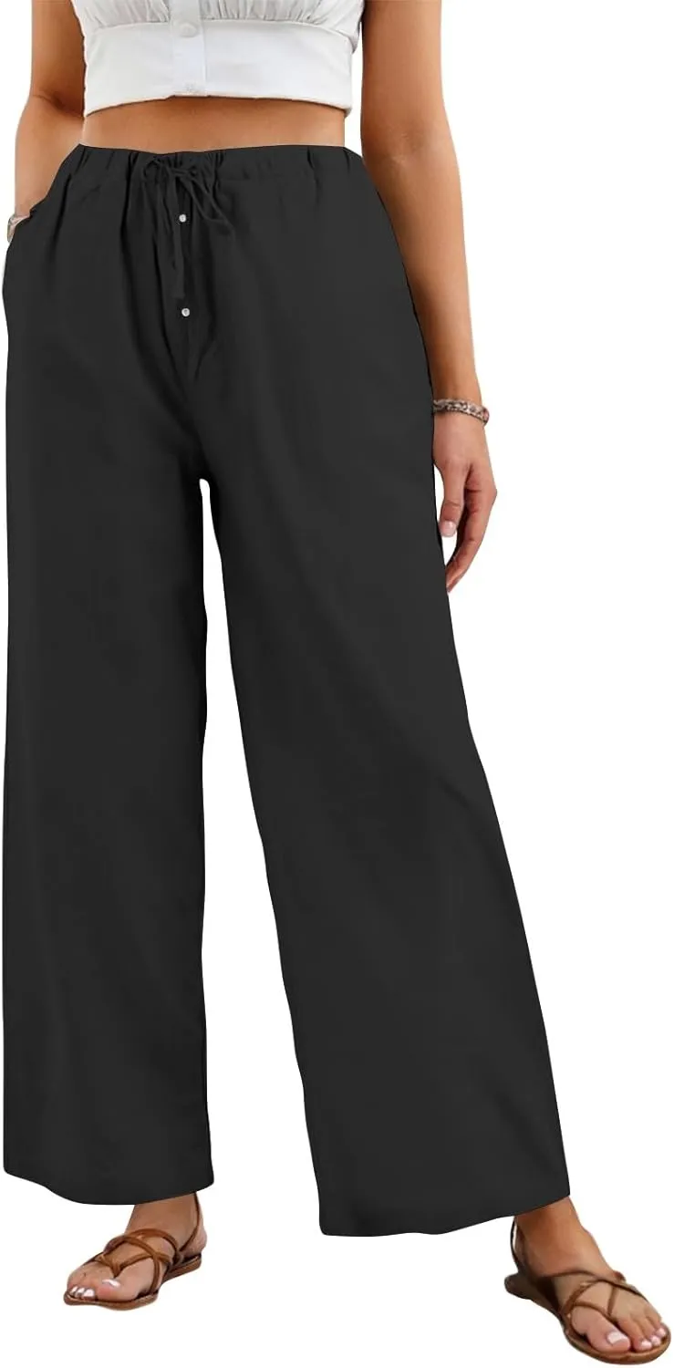 Womens Linen Pants Straight Leg Button Up High Waisted Beach Pants Comfy Drawstring Summer Solid Trouser Loose Pockets