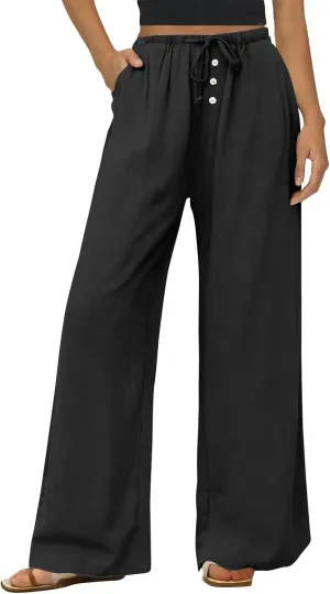 Womens Linen Pants Straight Leg Button Up High Waisted Beach Pants Comfy Drawstring Summer Solid Trouser Loose Pockets