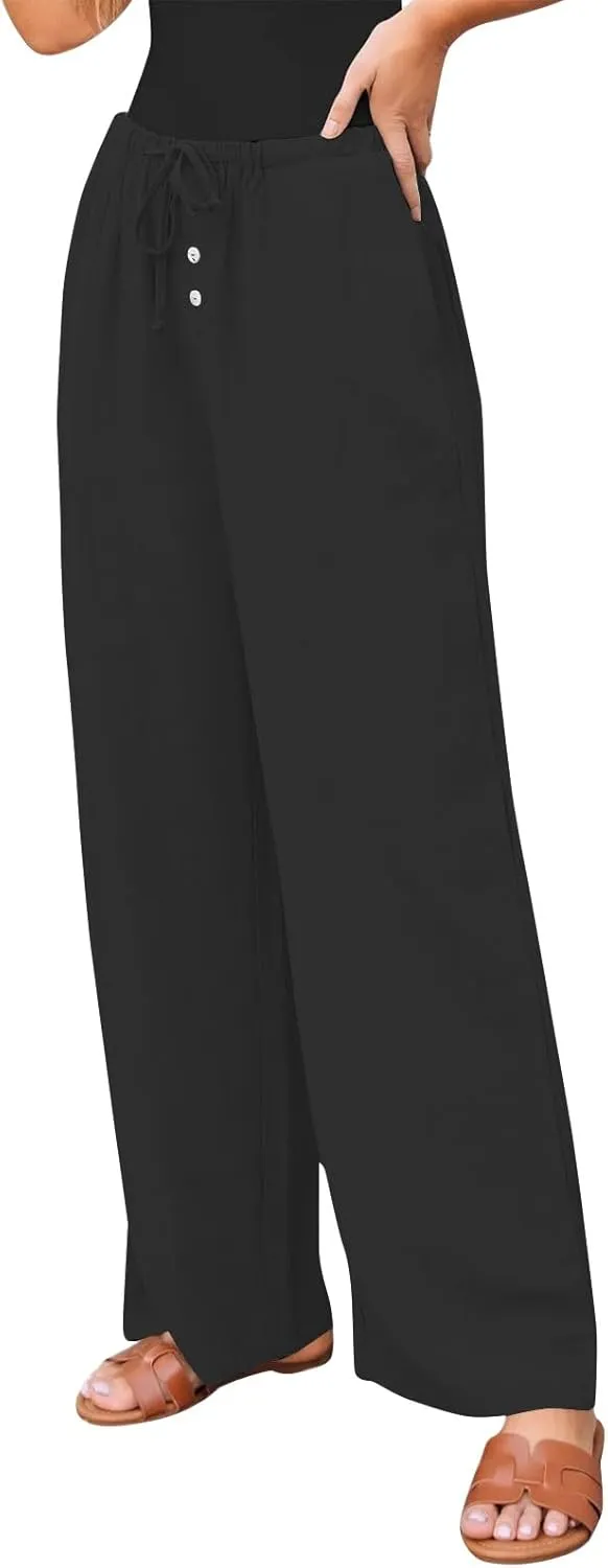 Womens Linen Pants Straight Leg Button Up High Waisted Beach Pants Comfy Drawstring Summer Solid Trouser Loose Pockets