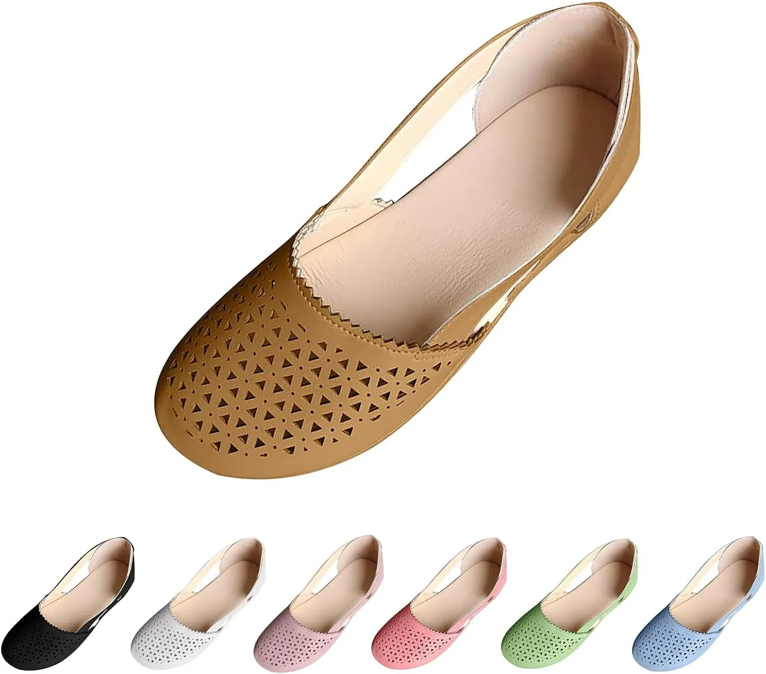 Womens Loafers Wide Dress Sandals Low Heel Hollow Out Wide Round Toe Ballet Flats with Breathable Eyelets