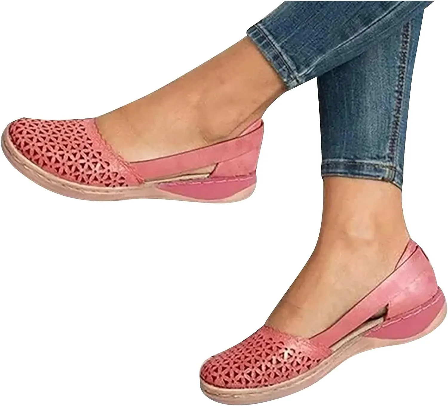 Womens Loafers Wide Dress Sandals Low Heel Hollow Out Wide Round Toe Ballet Flats with Breathable Eyelets