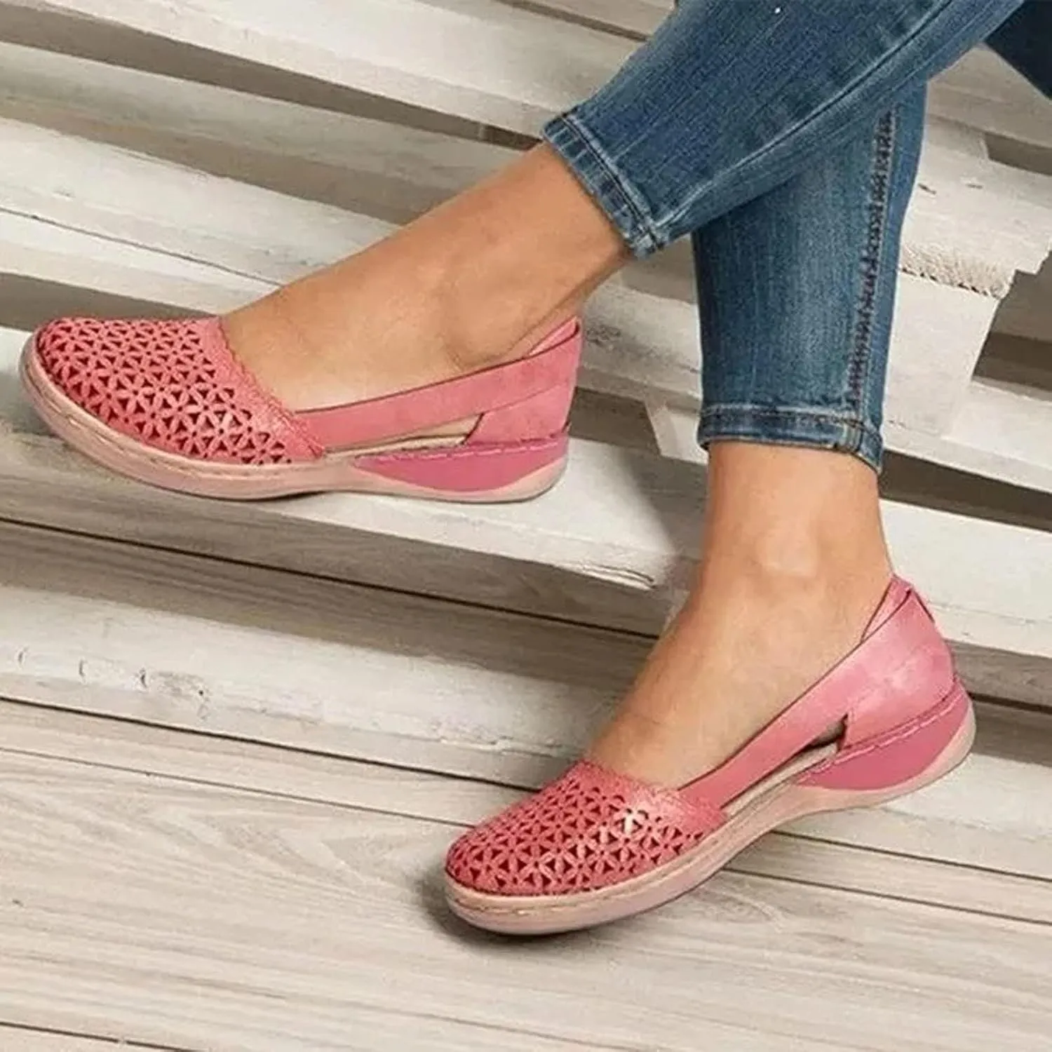 Womens Loafers Wide Dress Sandals Low Heel Hollow Out Wide Round Toe Ballet Flats with Breathable Eyelets