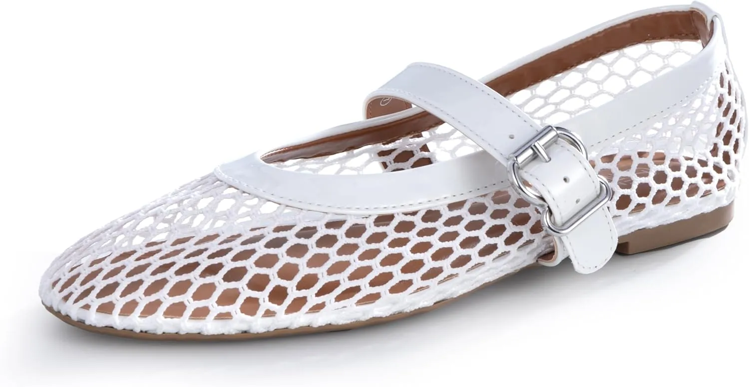 Womens Mesh Ballet Flats  Fishnet Mary Jane Flats with Adjustable Buckle Strap, Breathable & Stylish Ballerina Shoes