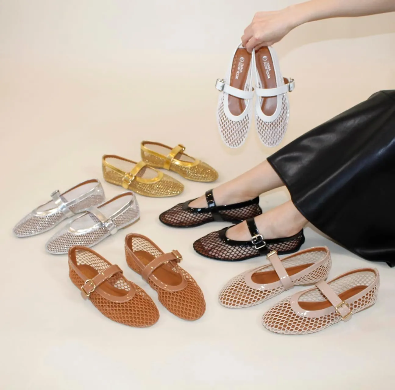 Womens Mesh Ballet Flats  Fishnet Mary Jane Flats with Adjustable Buckle Strap, Breathable & Stylish Ballerina Shoes