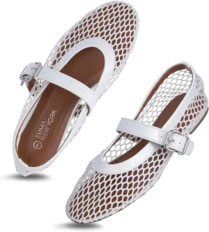 Womens Mesh Ballet Flats  Fishnet Mary Jane Flats with Adjustable Buckle Strap, Breathable & Stylish Ballerina Shoes