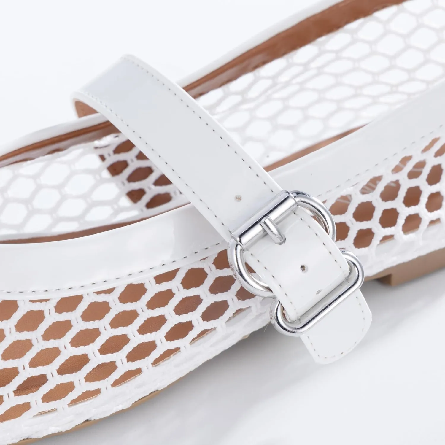 Womens Mesh Ballet Flats  Fishnet Mary Jane Flats with Adjustable Buckle Strap, Breathable & Stylish Ballerina Shoes