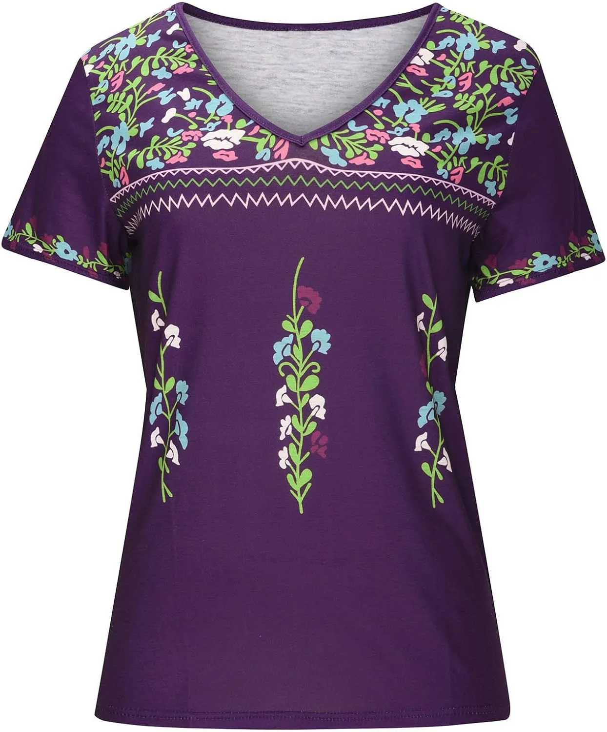 Women's Mexican Embroidered Shirt Ladies Ethnic Style Tops Summer Short Sleeve Boho Floral Print Tunics Blouse