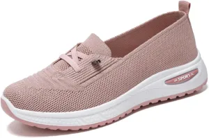 Womens Orthopedic Sneakers Lightweight Breathable Mesh Knitted Woven Low Top Walking Shoes Summer Comfortable Wide Width Soft Sole Slip On Sneakers with Arch Support