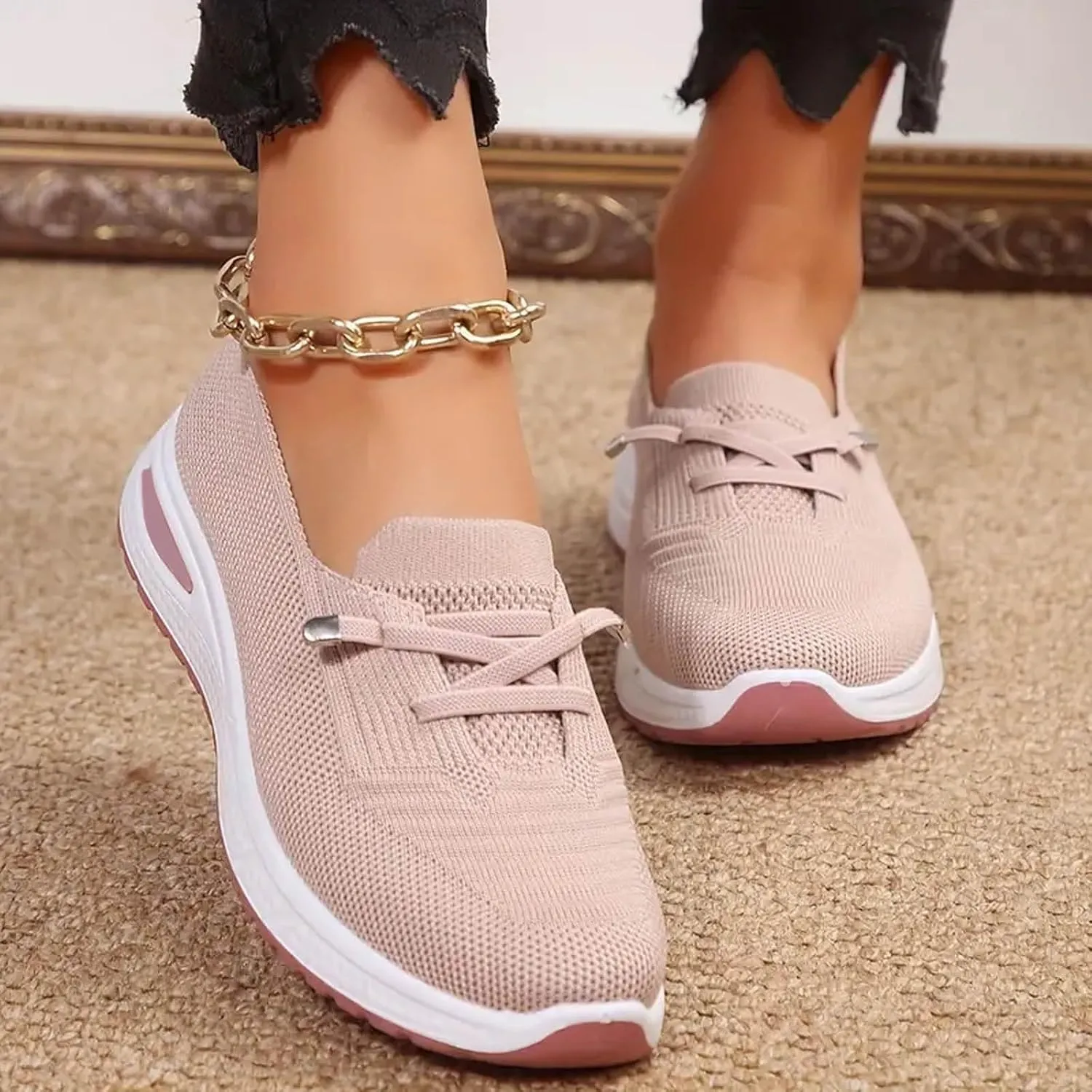 Womens Orthopedic Sneakers Lightweight Breathable Mesh Knitted Woven Low Top Walking Shoes Summer Comfortable Wide Width Soft Sole Slip On Sneakers with Arch Support