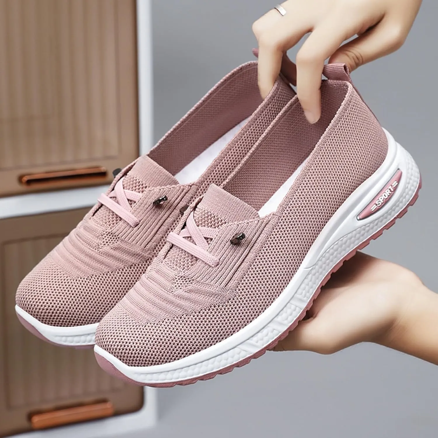 Womens Orthopedic Sneakers Lightweight Breathable Mesh Knitted Woven Low Top Walking Shoes Summer Comfortable Wide Width Soft Sole Slip On Sneakers with Arch Support