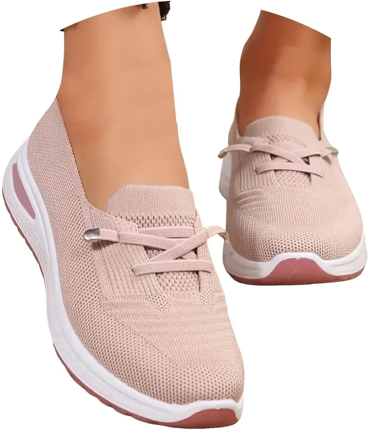 Womens Orthopedic Sneakers Lightweight Breathable Mesh Knitted Woven Low Top Walking Shoes Summer Comfortable Wide Width Soft Sole Slip On Sneakers with Arch Support