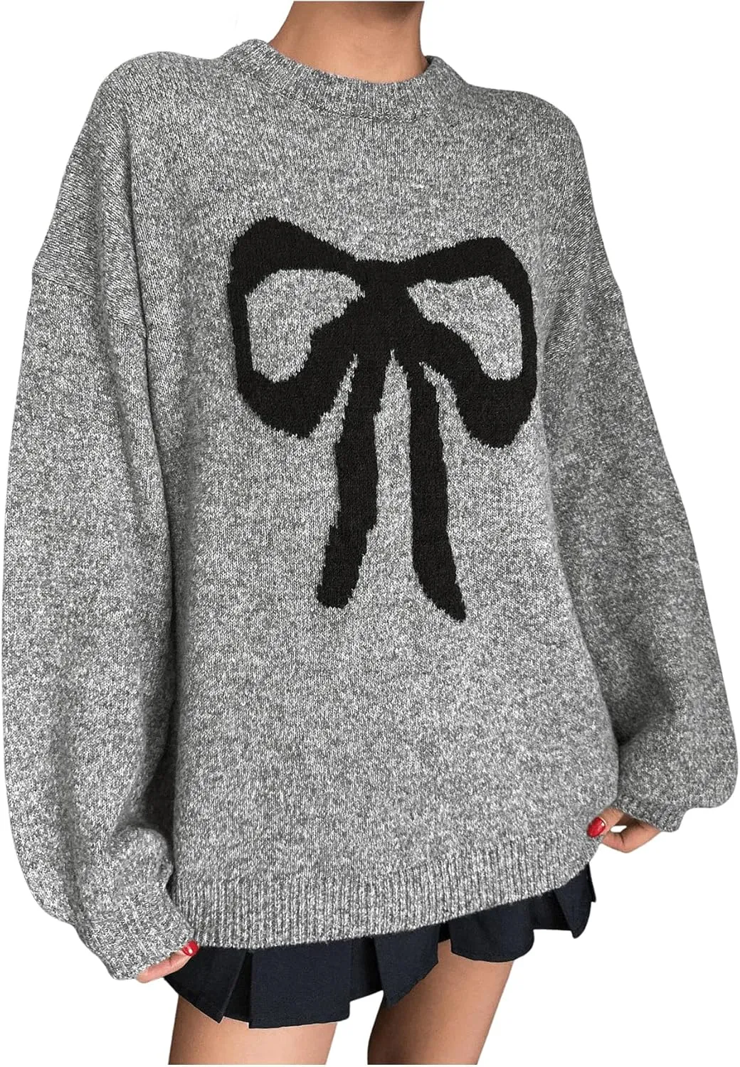 Women's Oversized Sweaters Bow Graphic Long Sleeve Drop Shoulder Sweaters Fall Outfits Trendy