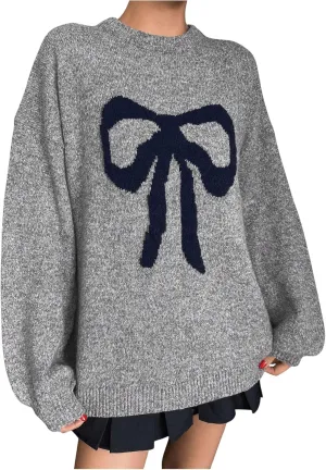 Women's Oversized Sweaters Bow Graphic Long Sleeve Drop Shoulder Sweaters Fall Outfits Trendy