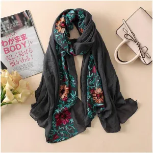 Womens Plain Embroidered Floral Viscose Scarf Shawl Bandana Print Cotton Scarves