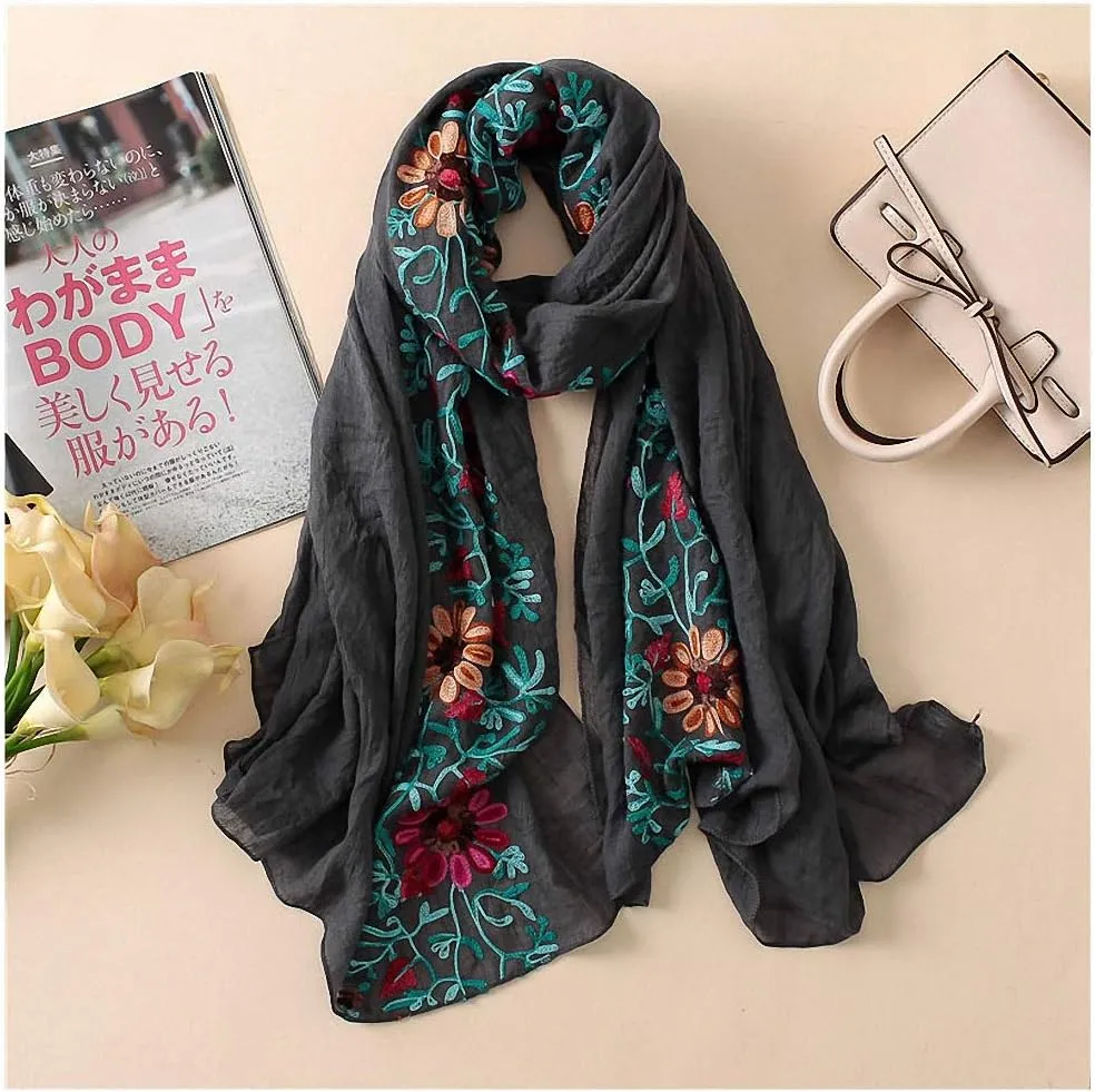 Womens Plain Embroidered Floral Viscose Scarf Shawl Bandana Print Cotton Scarves