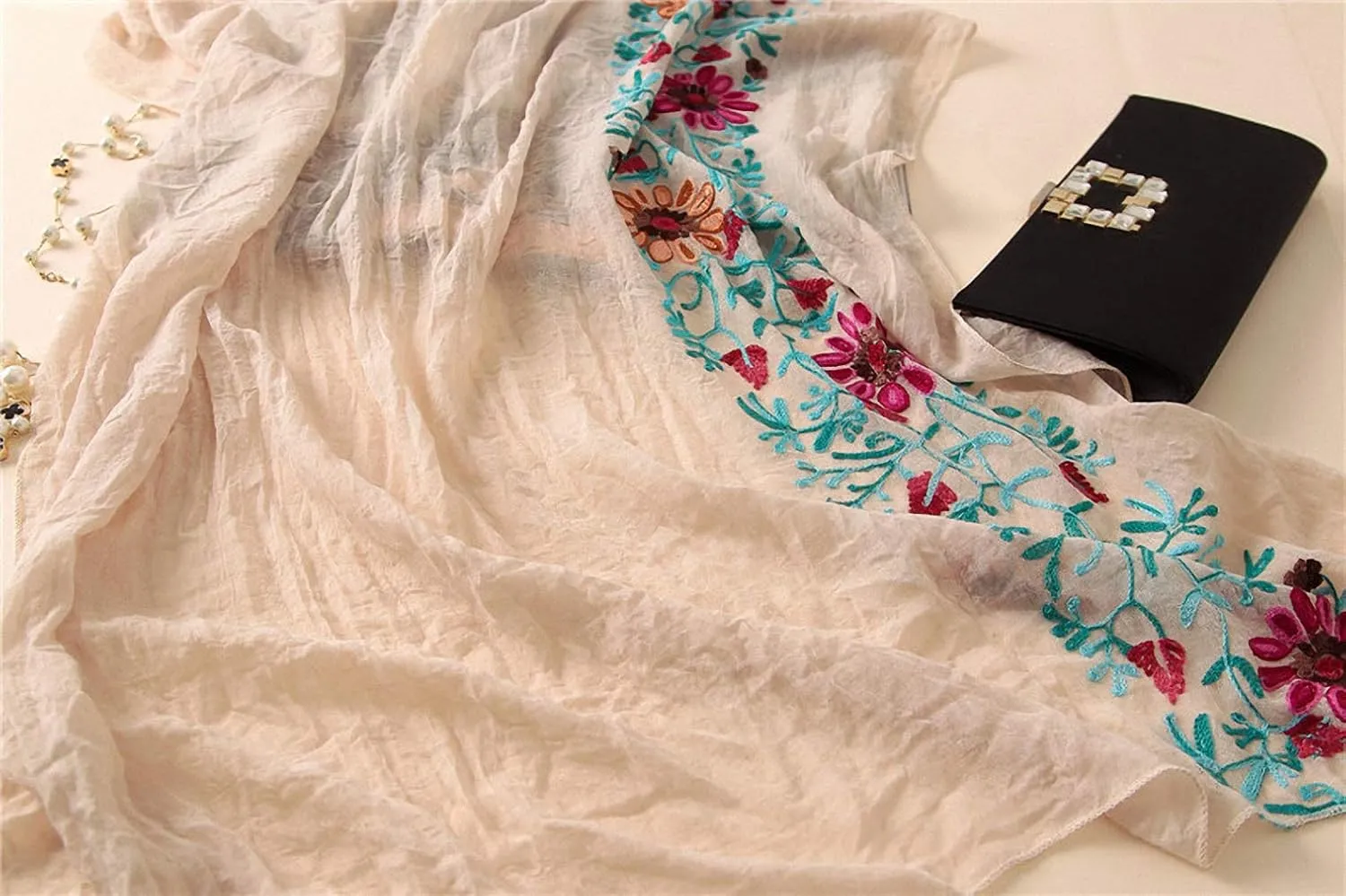 Womens Plain Embroidered Floral Viscose Scarf Shawl Bandana Print Cotton Scarves