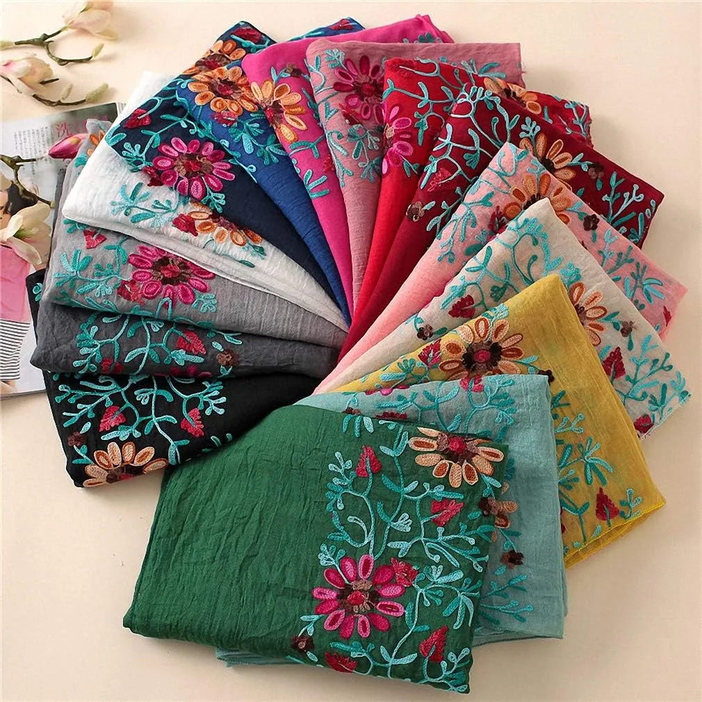 Womens Plain Embroidered Floral Viscose Scarf Shawl Bandana Print Cotton Scarves