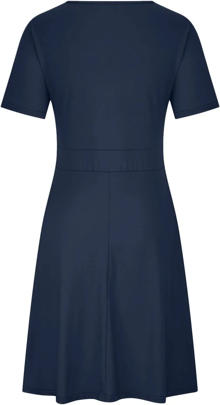 Womens Plus Size Casual Summer Dresses Short Sleeve V Neck Midi Dress A Line Sundress Vacation Outfits with Pockets