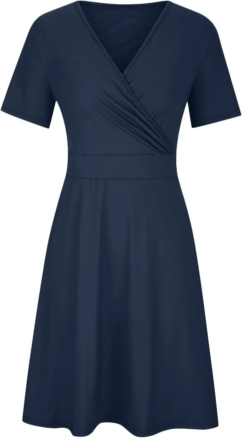 Womens Plus Size Casual Summer Dresses Short Sleeve V Neck Midi Dress A Line Sundress Vacation Outfits with Pockets