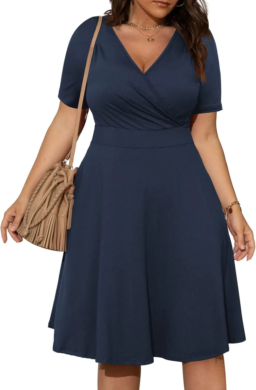 Womens Plus Size Casual Summer Dresses Short Sleeve V Neck Midi Dress A Line Sundress Vacation Outfits with Pockets