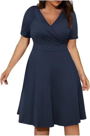 Womens Plus Size Casual Summer Dresses Short Sleeve V Neck Midi Dress A Line Sundress Vacation Outfits with Pockets