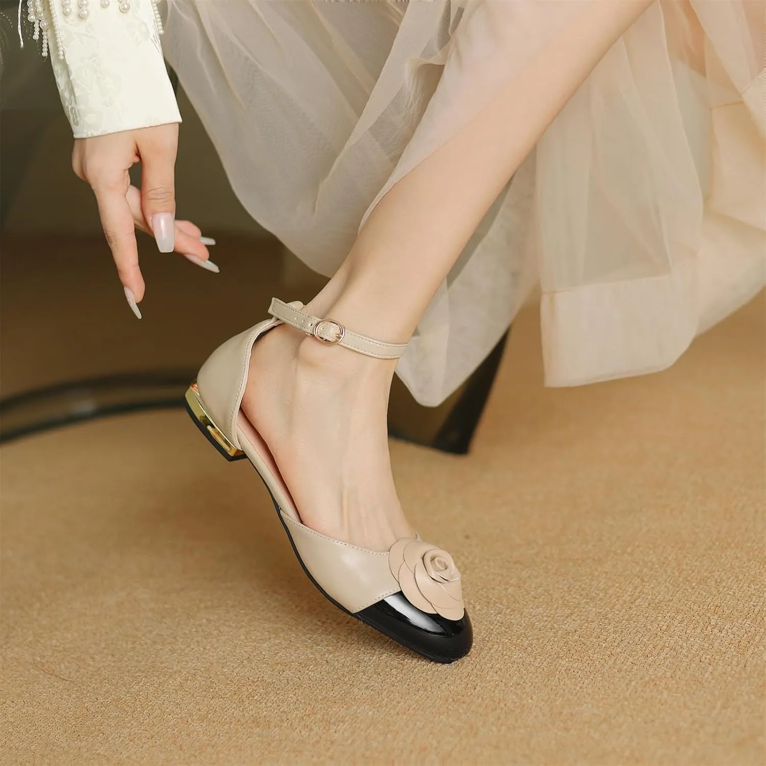 Women's Retro Flower Cap Round Closed Toe Pump Ankle Strap Chunky Low Block Heel Adjustable Buckle D'Orsay Classic Work Office Church Casual Comfort Dress Shoes Business Party Flats