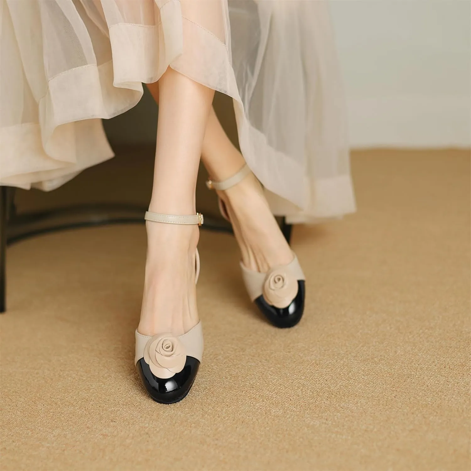 Women's Retro Flower Cap Round Closed Toe Pump Ankle Strap Chunky Low Block Heel Adjustable Buckle D'Orsay Classic Work Office Church Casual Comfort Dress Shoes Business Party Flats