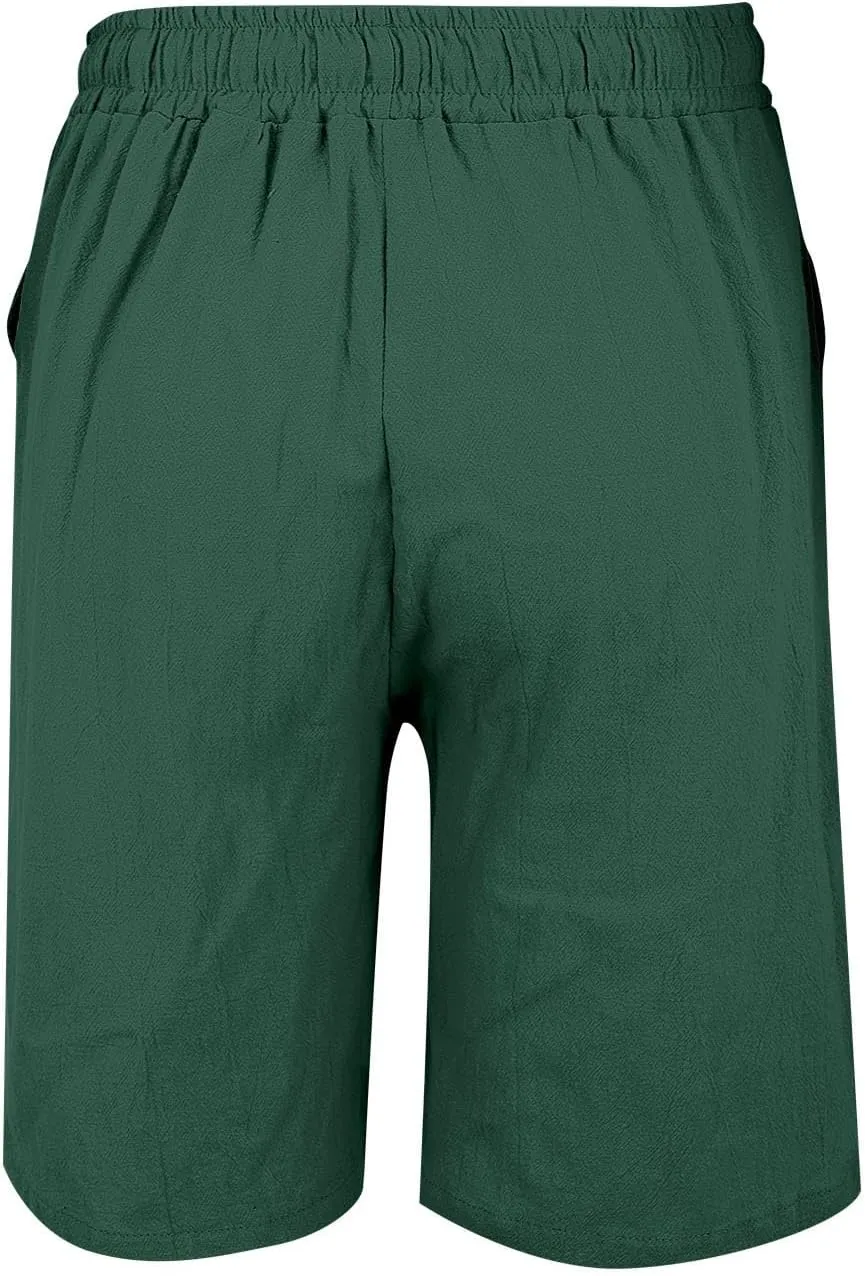 Womens Shorts Bermuda Shorts Knee Length Cotton Linen Pants Summer Elastic Waist Drawstring Beach Capris with Pockets