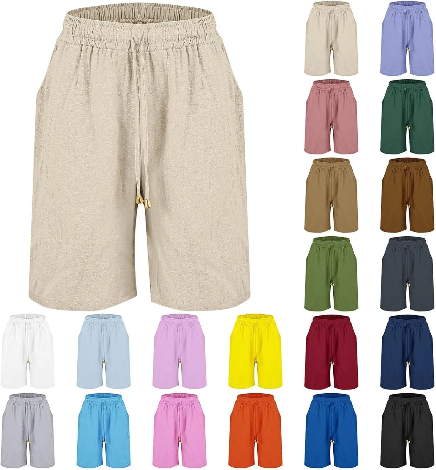 Womens Shorts Bermuda Shorts Knee Length Cotton Linen Pants Summer Elastic Waist Drawstring Beach Capris with Pockets