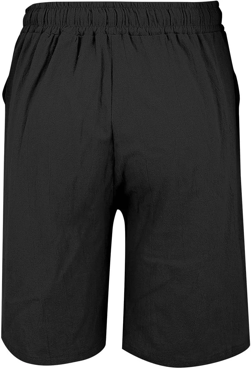 Womens Shorts Bermuda Shorts Knee Length Cotton Linen Pants Summer Elastic Waist Drawstring Beach Capris with Pockets