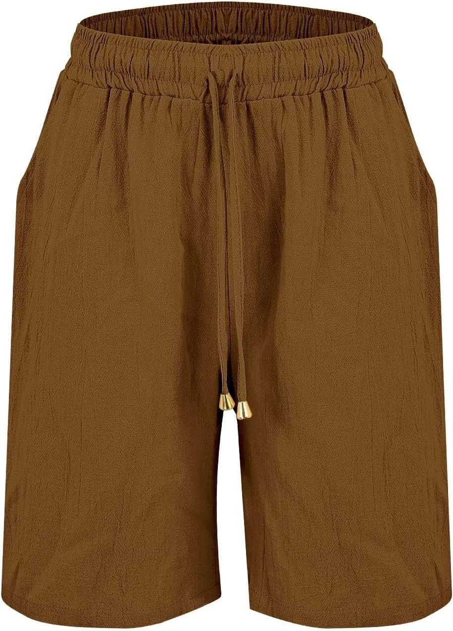 Womens Shorts Bermuda Shorts Knee Length Cotton Linen Pants Summer Elastic Waist Drawstring Beach Capris with Pockets