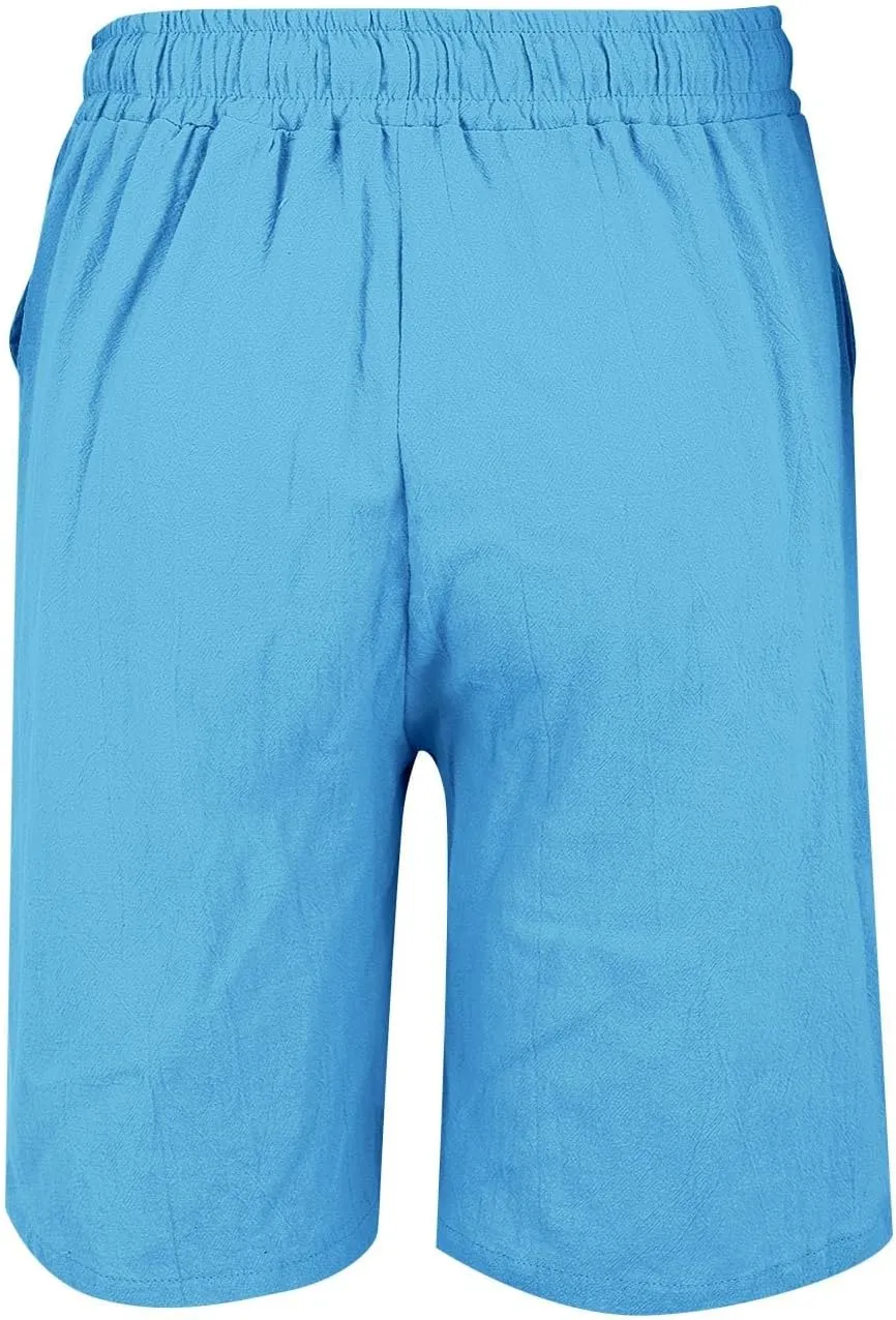 Womens Shorts Bermuda Shorts Knee Length Cotton Linen Pants Summer Elastic Waist Drawstring Beach Capris with Pockets