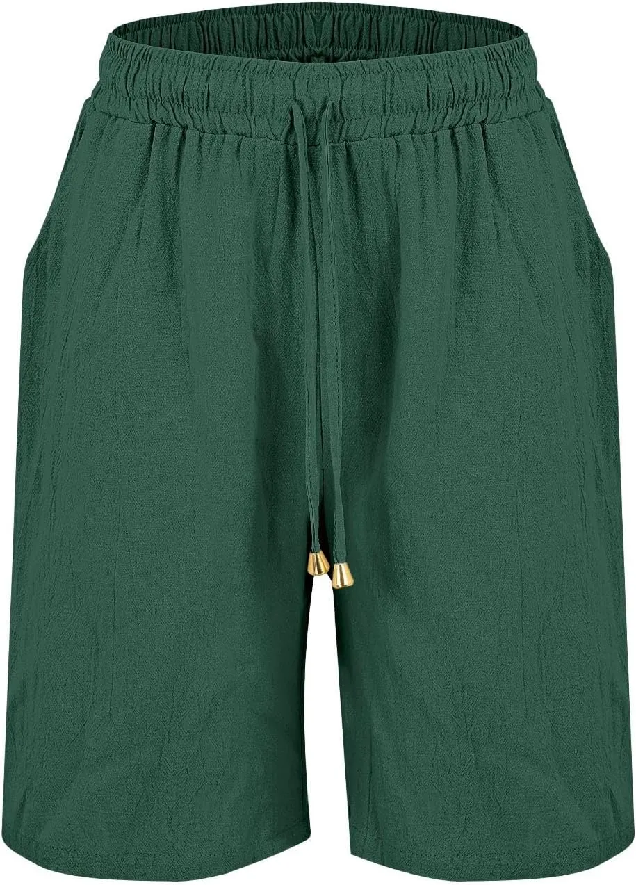 Womens Shorts Bermuda Shorts Knee Length Cotton Linen Pants Summer Elastic Waist Drawstring Beach Capris with Pockets