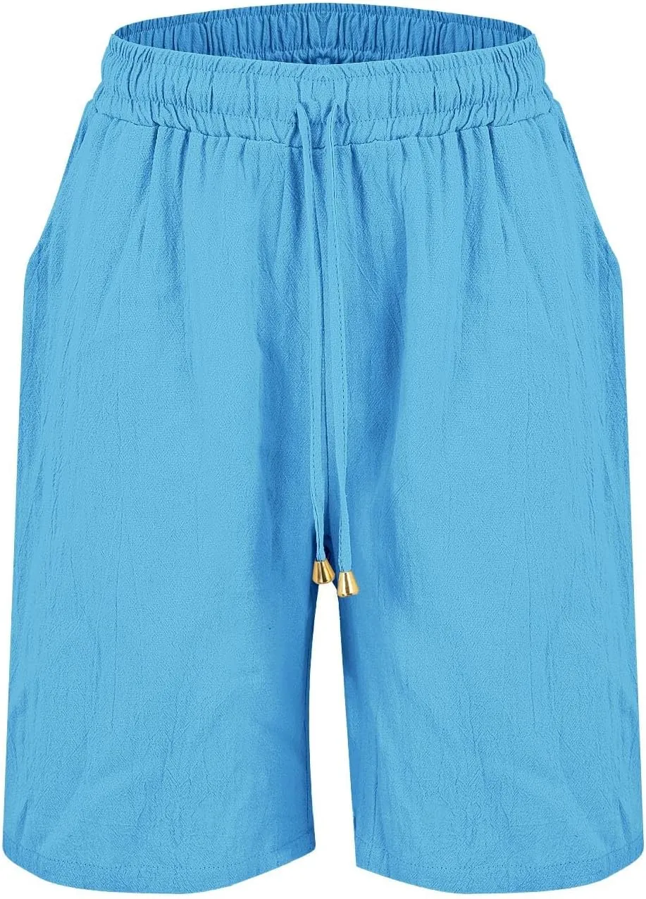 Womens Shorts Bermuda Shorts Knee Length Cotton Linen Pants Summer Elastic Waist Drawstring Beach Capris with Pockets