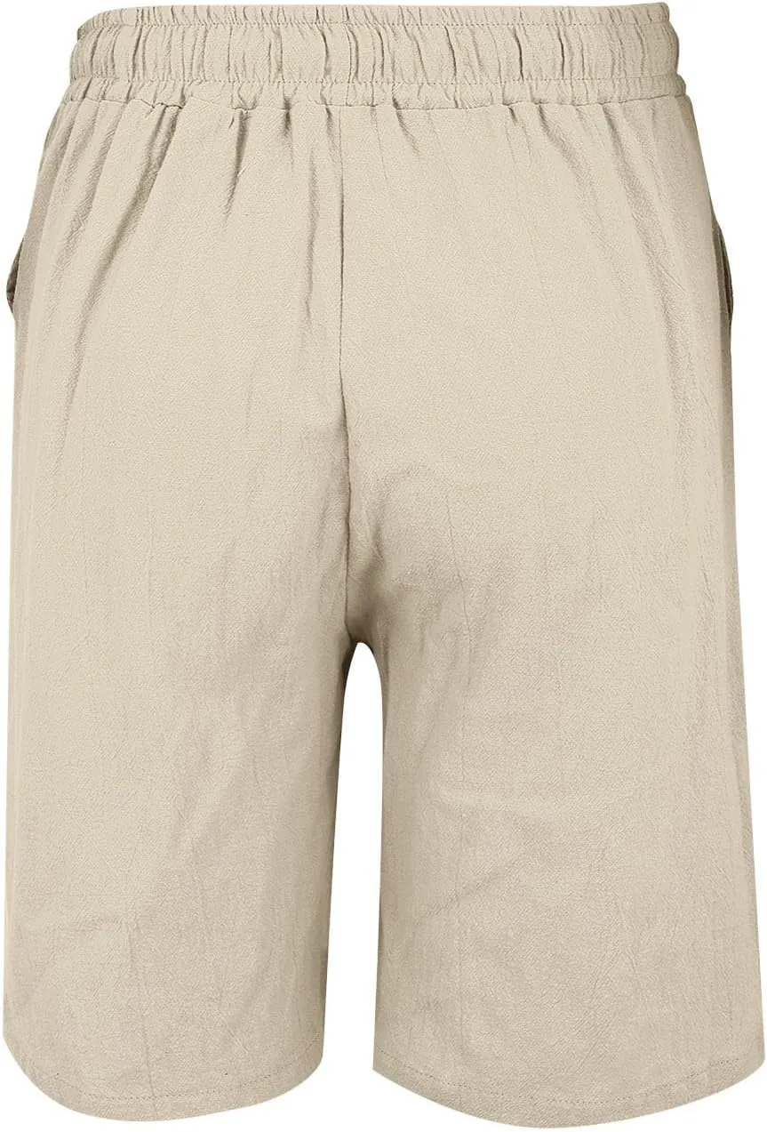 Womens Shorts Bermuda Shorts Knee Length Cotton Linen Pants Summer Elastic Waist Drawstring Beach Capris with Pockets