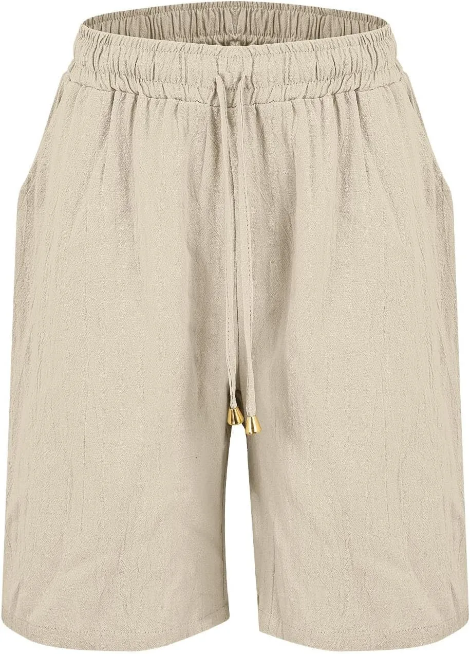 Womens Shorts Bermuda Shorts Knee Length Cotton Linen Pants Summer Elastic Waist Drawstring Beach Capris with Pockets