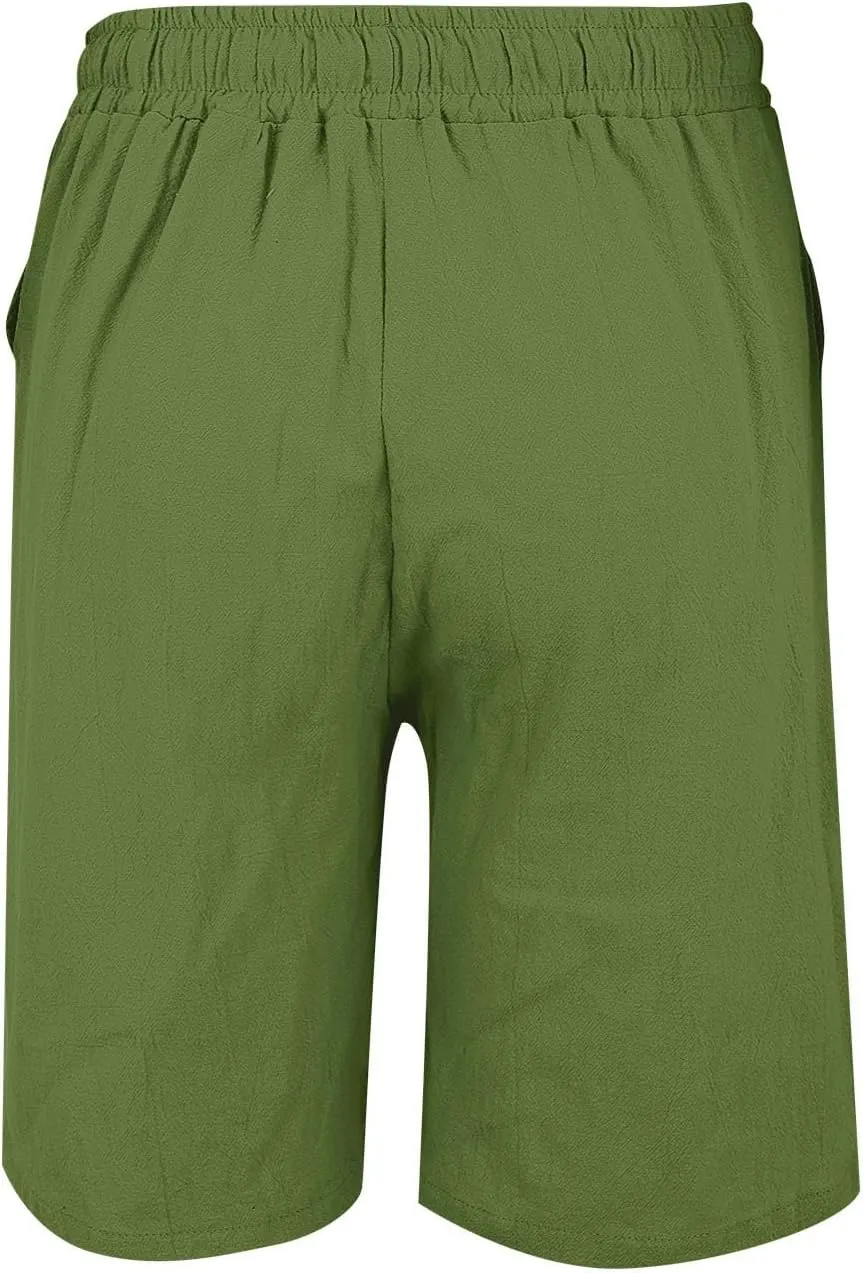 Womens Shorts Bermuda Shorts Knee Length Cotton Linen Pants Summer Elastic Waist Drawstring Beach Capris with Pockets