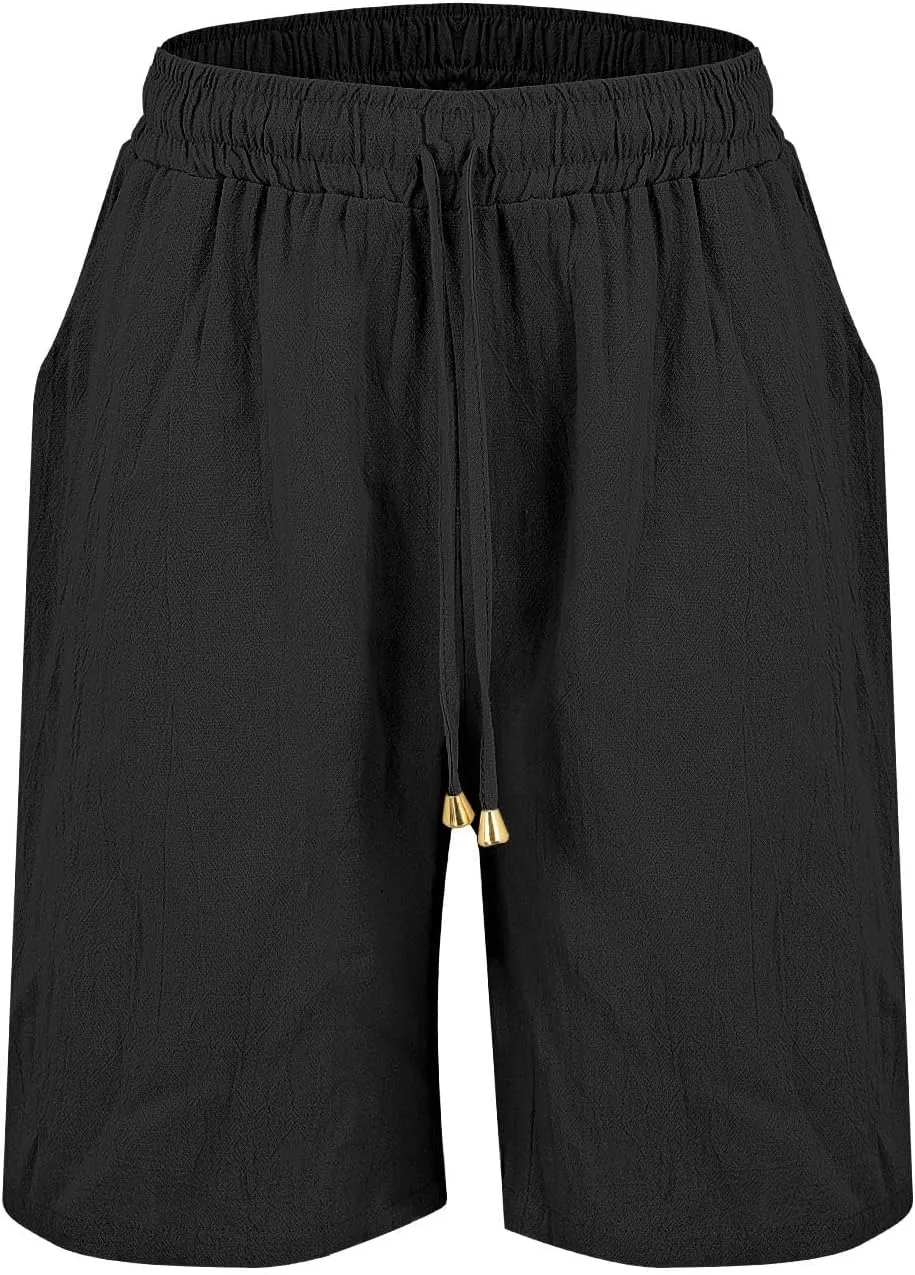 Womens Shorts Bermuda Shorts Knee Length Cotton Linen Pants Summer Elastic Waist Drawstring Beach Capris with Pockets