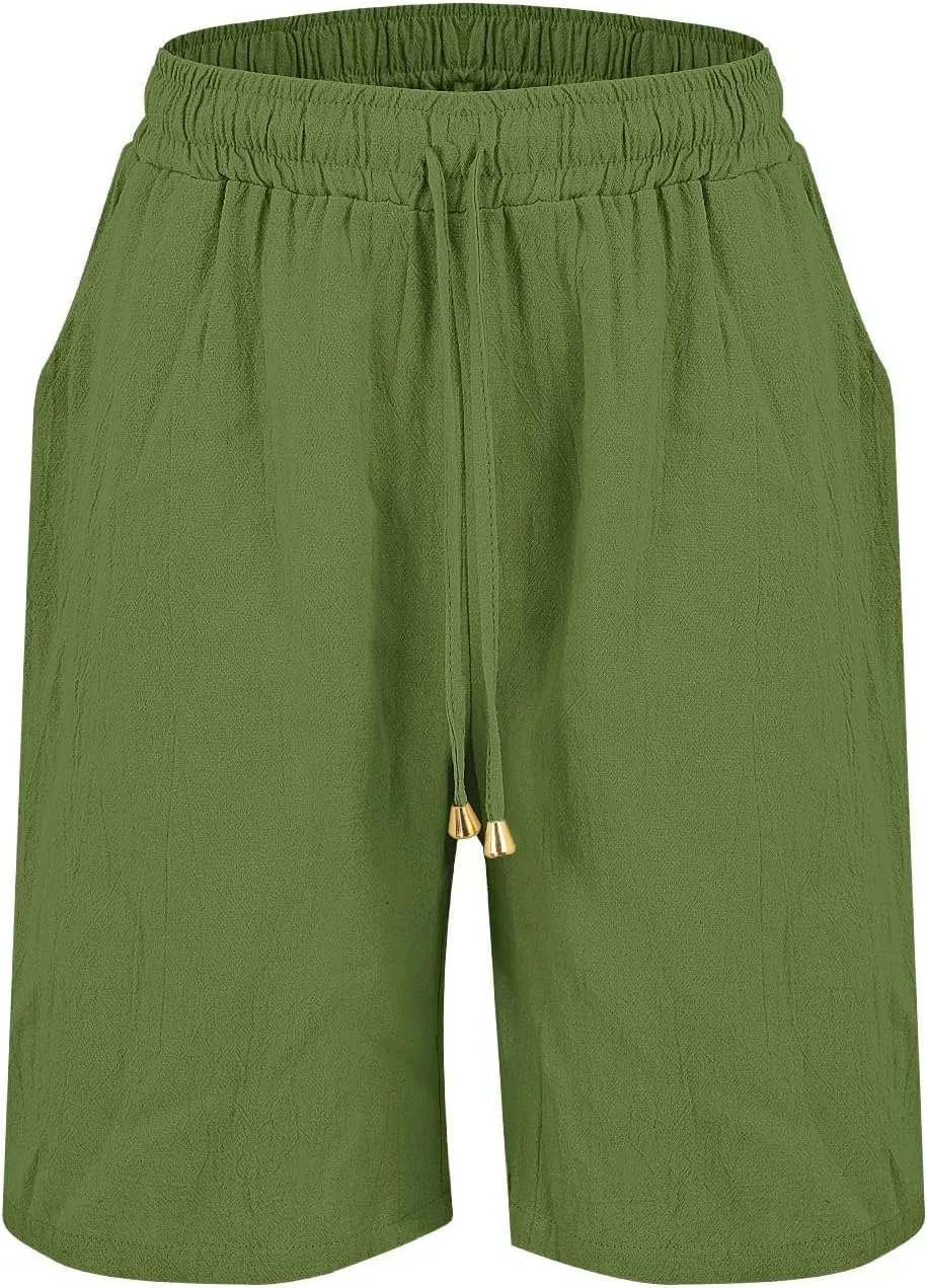Womens Shorts Bermuda Shorts Knee Length Cotton Linen Pants Summer Elastic Waist Drawstring Beach Capris with Pockets
