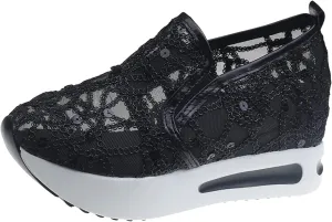 Womens Sneakers Platform Fashion Slip On Walking Shoes Casual Floral Embroidery Walking Work Shoes Cute Sheer Mesh Lace Sneakers with Arch Support