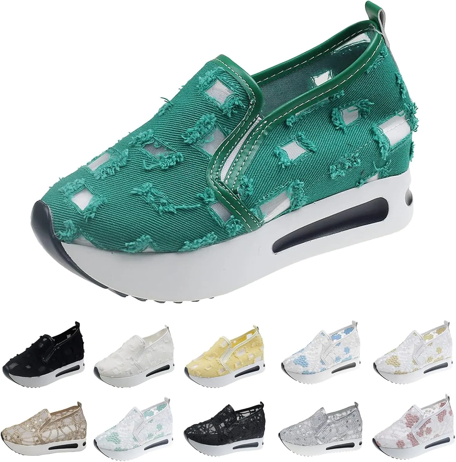 Womens Sneakers Platform Fashion Slip On Walking Shoes Casual Floral Embroidery Walking Work Shoes Cute Sheer Mesh Lace Sneakers with Arch Support