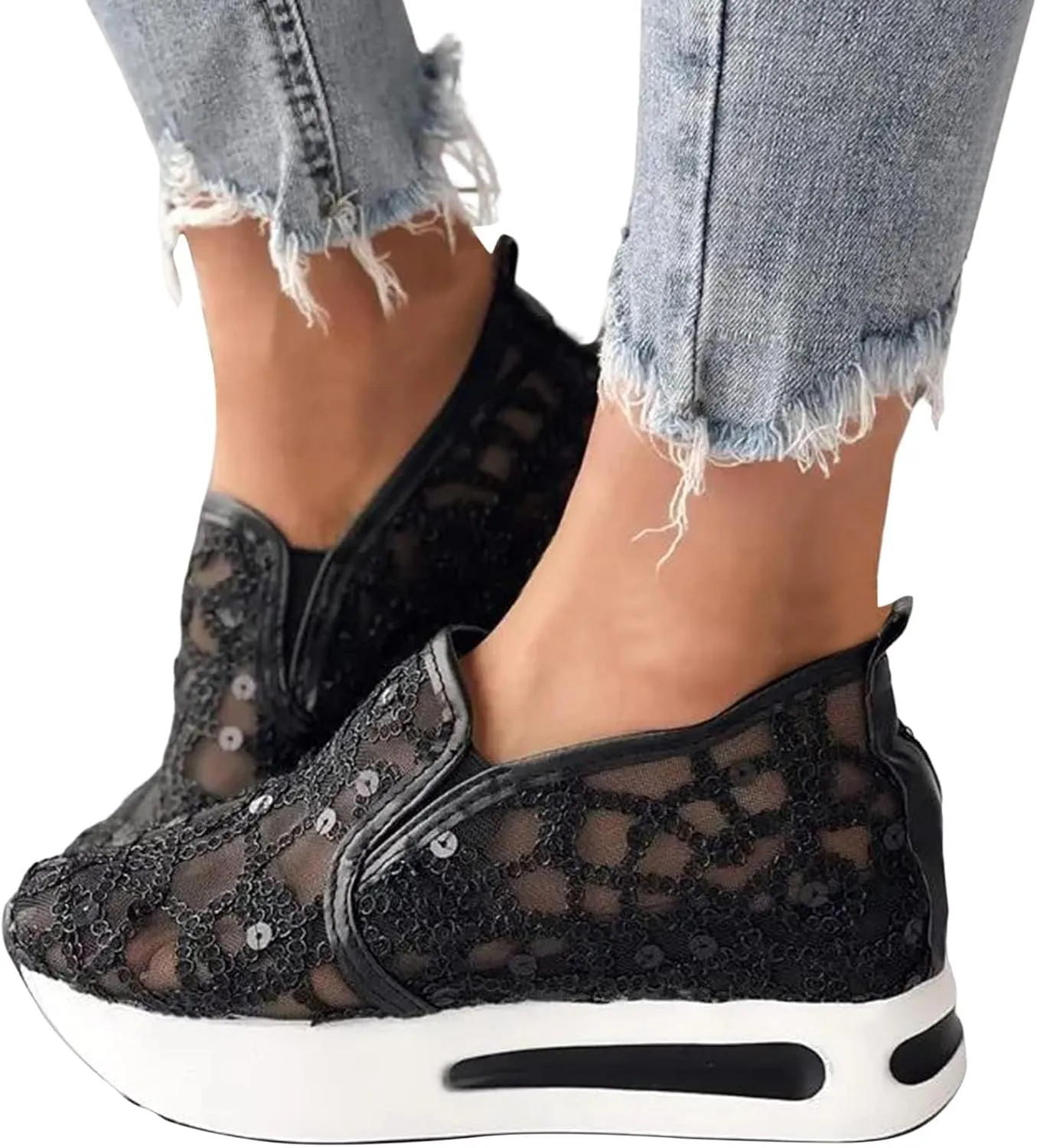 Womens Sneakers Platform Fashion Slip On Walking Shoes Casual Floral Embroidery Walking Work Shoes Cute Sheer Mesh Lace Sneakers with Arch Support