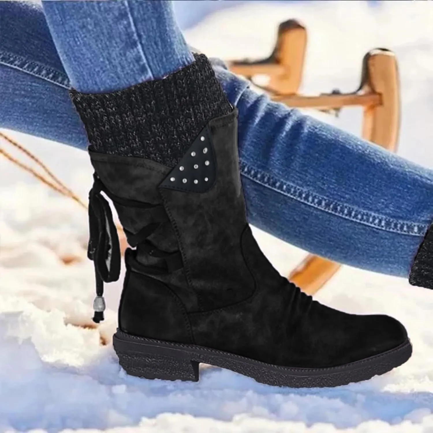Women's Snow Boots Low Heel Mid Calf Winter Boots Side Zip Western Platform Hiking Booties Warm Non Slip Outdoor Shoes Winter