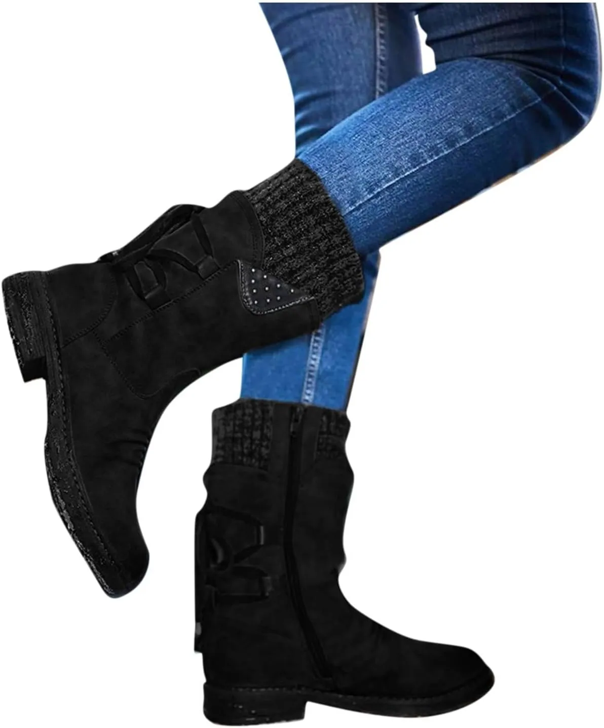 Women's Snow Boots Low Heel Mid Calf Winter Boots Side Zip Western Platform Hiking Booties Warm Non Slip Outdoor Shoes Winter