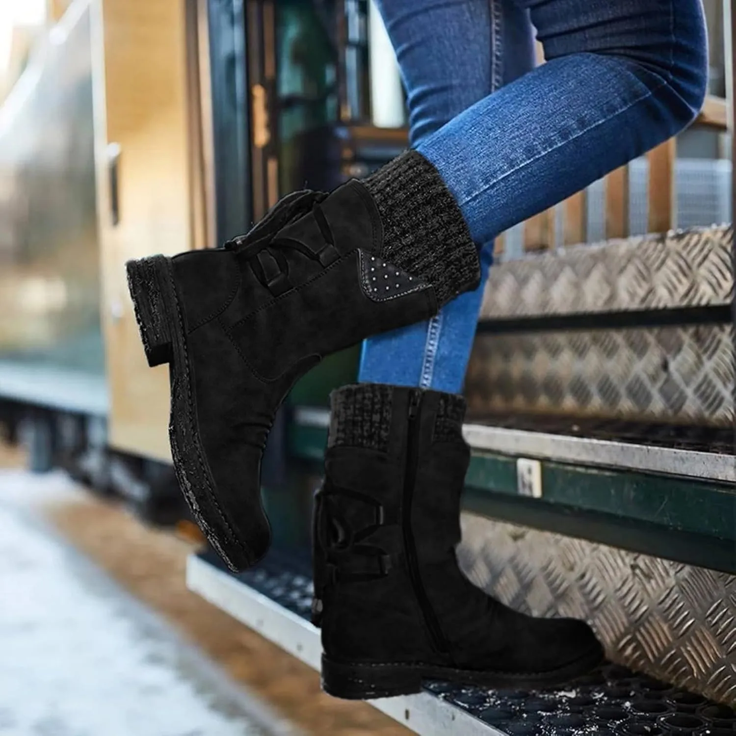 Women's Snow Boots Low Heel Mid Calf Winter Boots Side Zip Western Platform Hiking Booties Warm Non Slip Outdoor Shoes Winter
