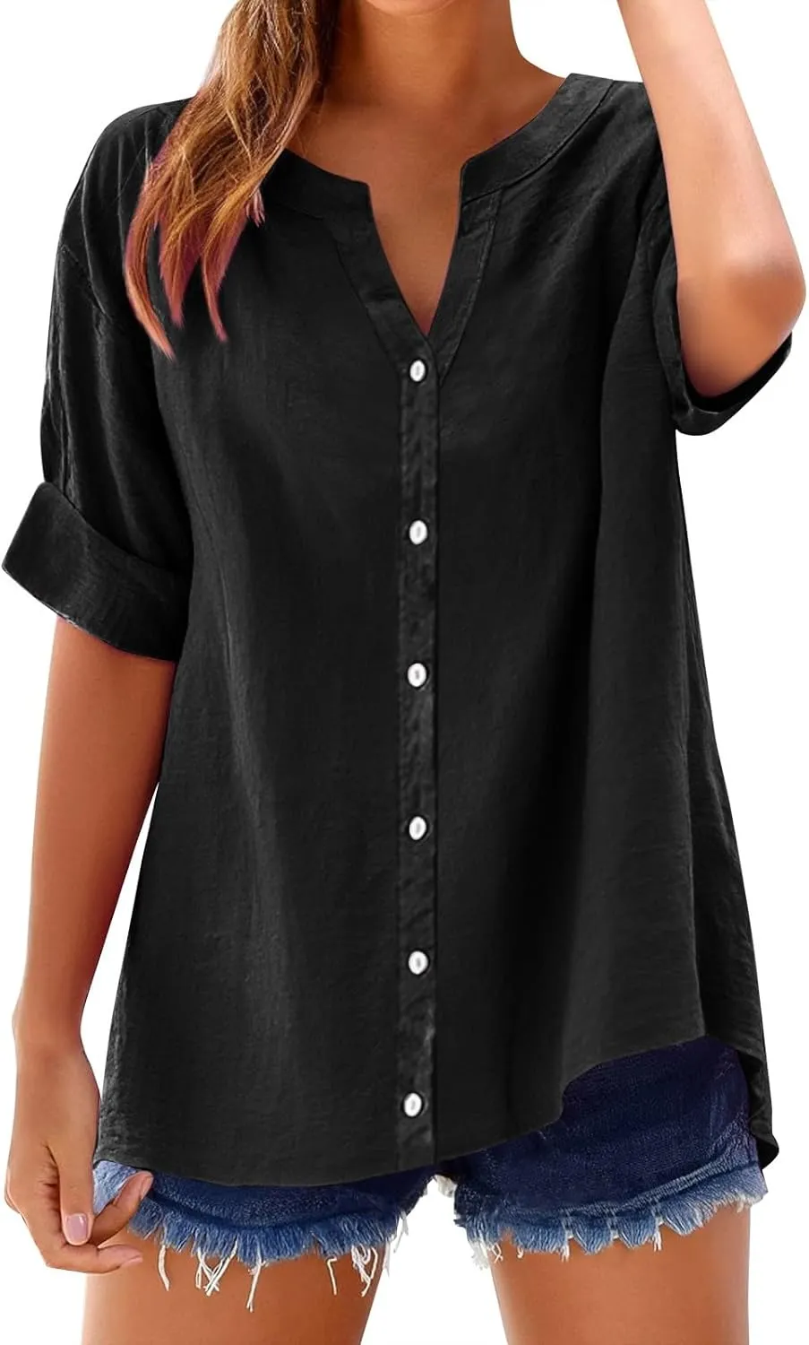 Women's Solid V-Neck Linen Shirt - 2025 Lightweight Summer Beach Top, Short Sleeve Boho Button Front Casual Blouse