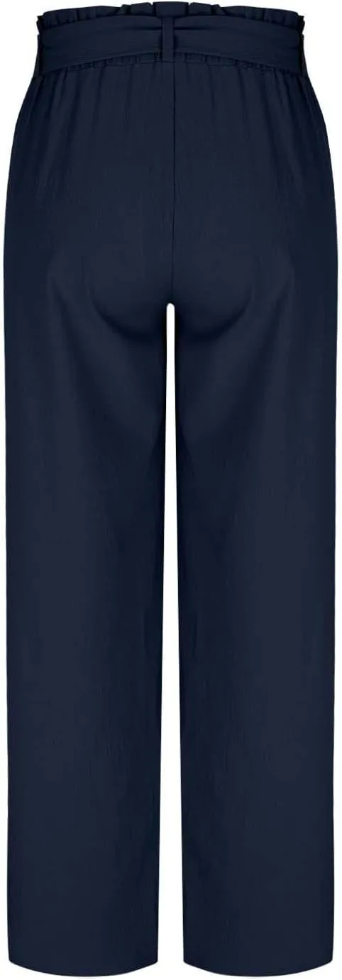 Women's Straight Wide Leg Pants 2025 Summer Lounge High Waisted Palazzo Pants Adjustable Tie Knot Trousers w/Pockets