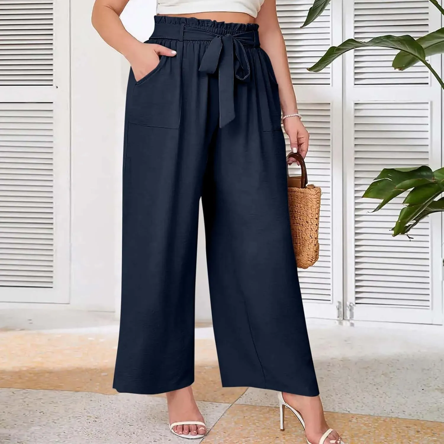 Women's Straight Wide Leg Pants 2025 Summer Lounge High Waisted Palazzo Pants Adjustable Tie Knot Trousers w/Pockets