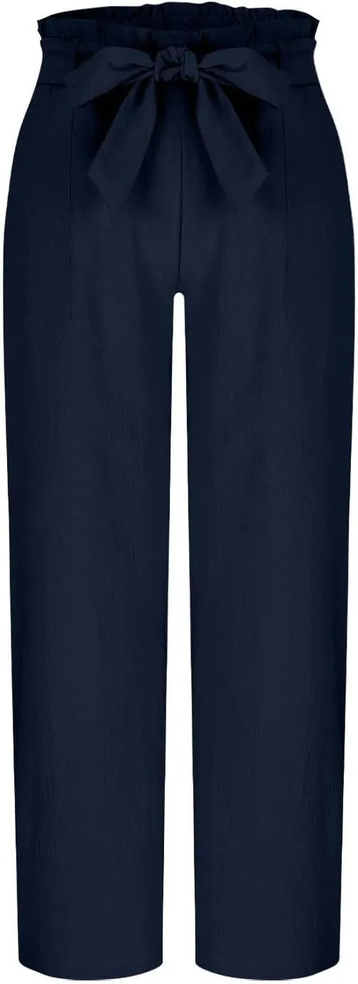 Women's Straight Wide Leg Pants 2025 Summer Lounge High Waisted Palazzo Pants Adjustable Tie Knot Trousers w/Pockets